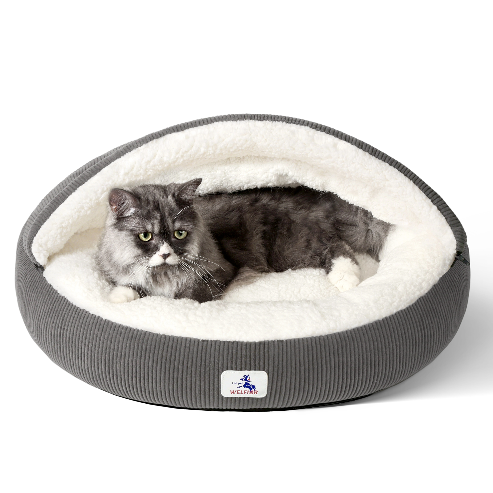 23" Covered Cat Bed Cave for Indoor Cats and Small Dogs - Enclosed Cozy Pet Bed with Hooded Roof for Added Security & Warmth, Washable & Removable Cushion, Anti-Slip Bottom Cat House, Gray