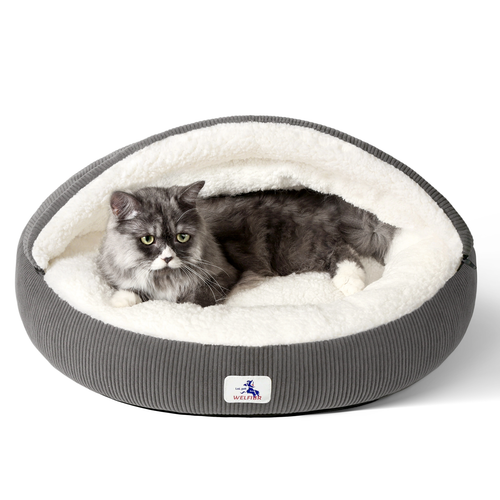 23" Covered Cat Bed Cave for Indoor Cats and Small Dogs - Enclosed Cozy Pet Bed with Hooded Roof for Added Security & Warmth, Washable & Removable Cushion, Anti-Slip Bottom Cat House, Gray