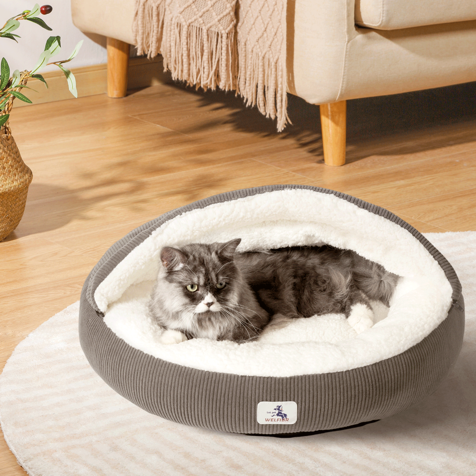23" Covered Cat Bed Cave for Indoor Cats and Small Dogs - Enclosed Cozy Pet Bed with Hooded Roof for Added Security & Warmth, Washable & Removable Cushion, Anti-Slip Bottom Cat House, Gray
