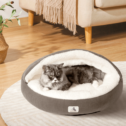 23" Covered Cat Bed Cave for Indoor Cats and Small Dogs - Enclosed Cozy Pet Bed with Hooded Roof for Added Security & Warmth, Washable & Removable Cushion, Anti-Slip Bottom Cat House, Gray